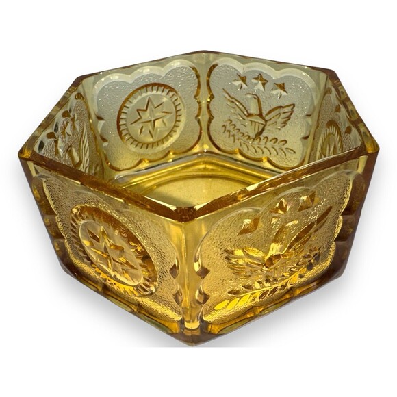 Indiana Glass Tiara Colonial Eagle & Star Hexagonal Candy Dish Amber - Picture 3 of 10